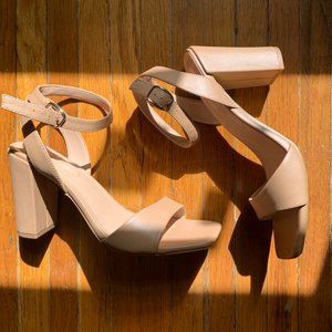 Square Toe Ankle Strap Nude Block Heels